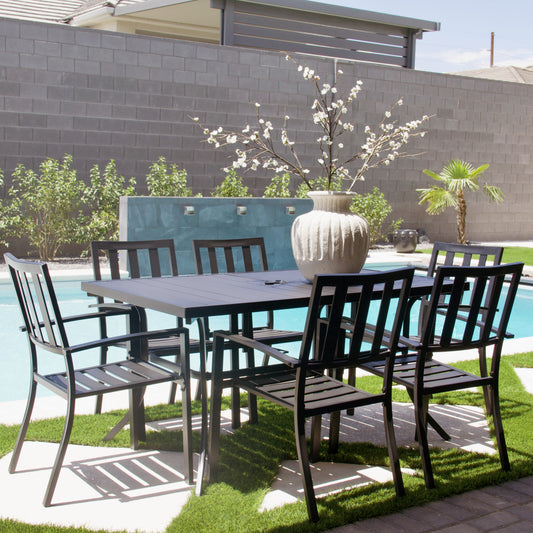 PHI VILLA 7-Piece Steel Panel Table and 6 Stackable Chairs Outdoor Patio Dining Sets