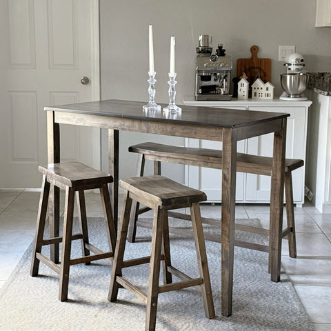 PHI VILLA 4-Piece Solid Wood Bar Table Set with Saddle Stools and Bench