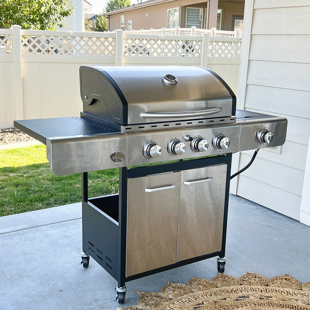 Captiva Designs 4-Burner Propane BBQ Grill with Side Burner for Outdoor Cooking