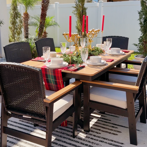 PHIVILLA 7-Piece Outdoor Dining Set with HDPE Rattan Chair and Wood-grain Table