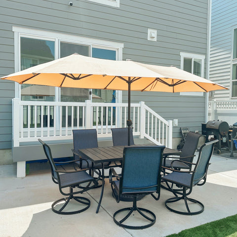 Sophia & William 8-Piece 13ft Umbrella Patio Dining Set with Denim Blue / Grey Textilene Swivel Chair