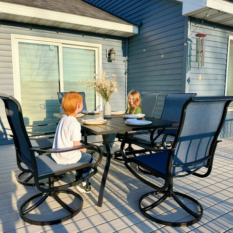 Sophia & William 8-Piece 13ft Umbrella Patio Dining Set with Denim Blue / Grey Textilene Swivel Chair