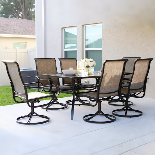 PHI VILLA Rectangle Table and 6 Textilene Swivel Chairs 7-Piece Steel Outdoor Dining Set