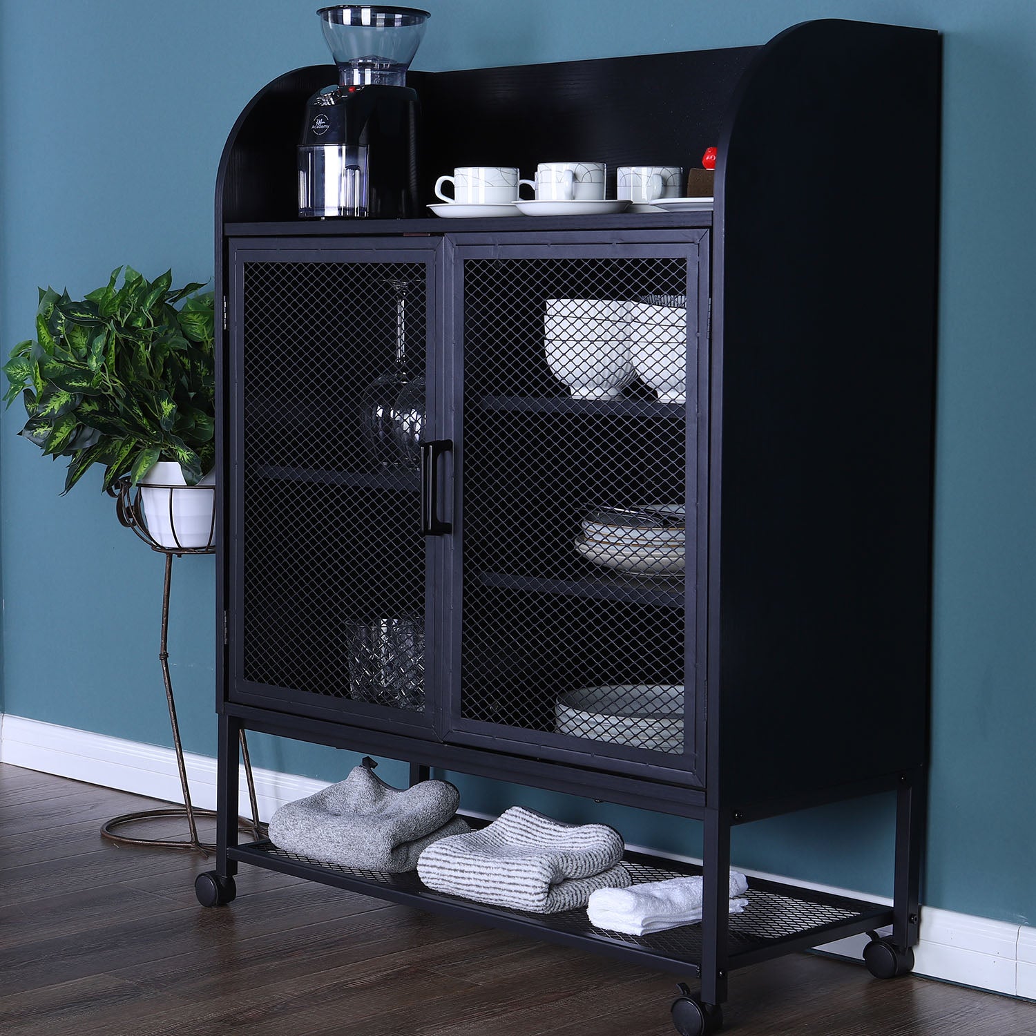 PHI VILLA Movable Kitchen Island Cart with Visual Doors and Storage Cabinets