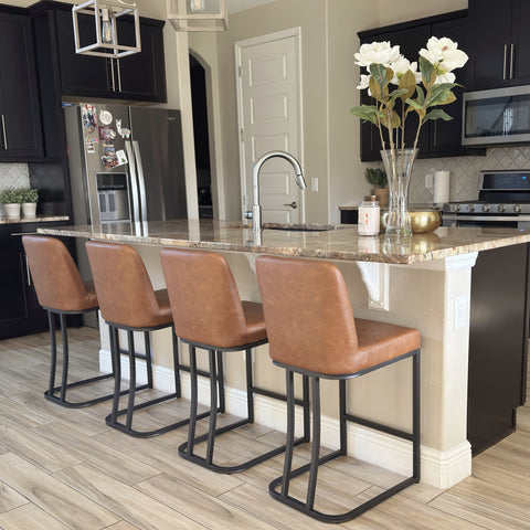 PHI VILLA 24" Modern Square PU Leather Bar Stool with Metal Frame, Set of 4