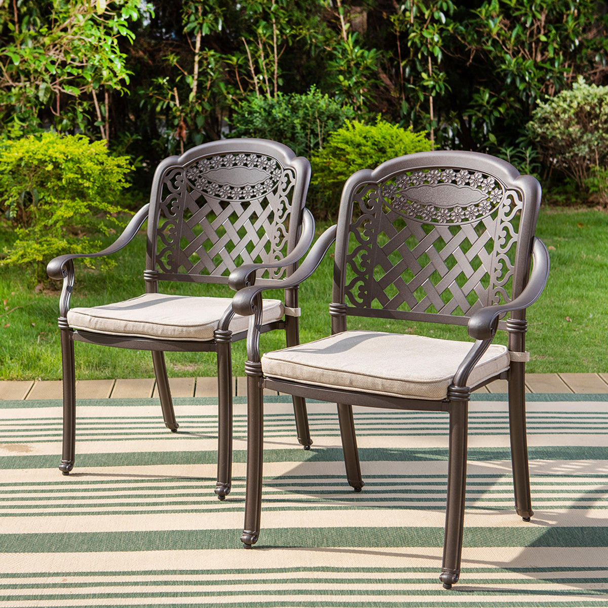 PHI VILLA Sunflower Pattern Cast Aluminum Fixed Patio Dining Chairs