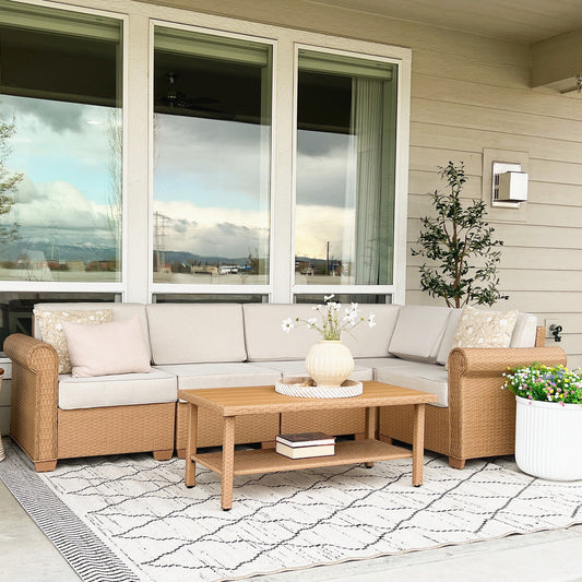 Phi Villa Outdoor Rattan Sofa Set with T-Shaped Sponge Cushion and Coffee Table