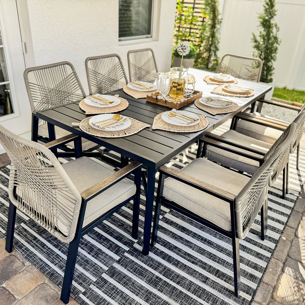 PHI VILLA 9-Piece Outdoor Patio Dining Set with Handcrafted Rattan Rope Chairs