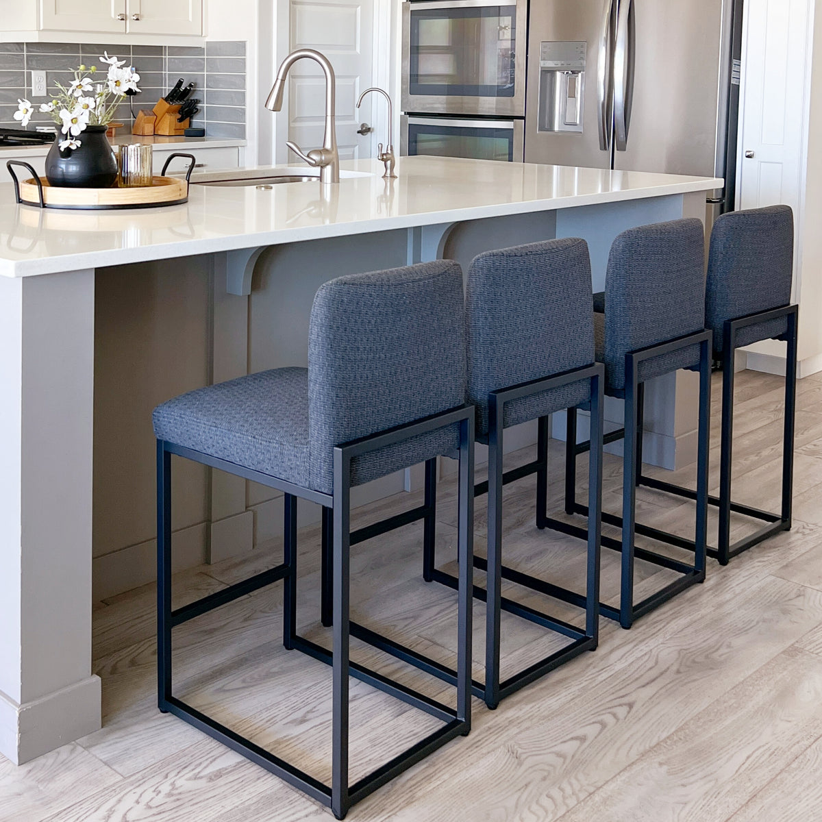 PHI VILLA 24 Inch Counter Height Bar Stool Chenille Upholstered with Backrest- Set of 4