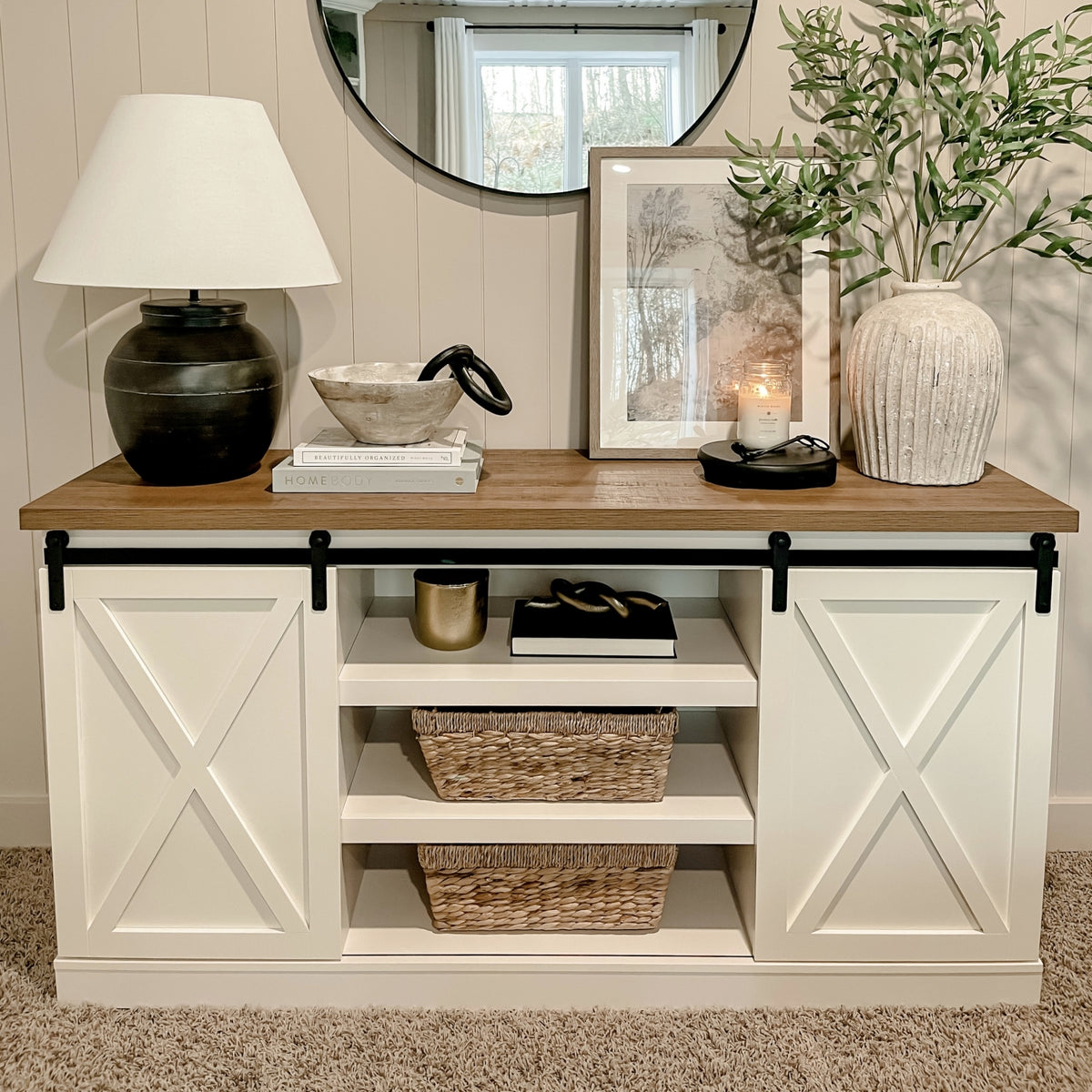 Ivory-white TV Stand Cabinet with Double Sliding Barn Doors-MFSTUDIO