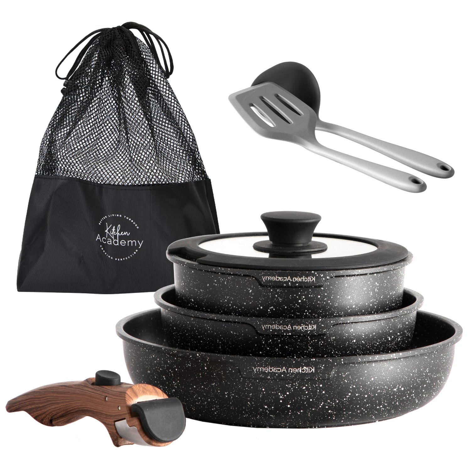 Kitchen Academy Granite 8 PCs Non Stick Cookware Gift Set with Removable Handle
