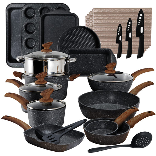 Kitchen Academy Induction Cookware Set - 18 Piece Granite Non-stick Cooking  Pans Black Pots and Pans Set with Silicone Utensils（PFOA&PFOS-Free） 
