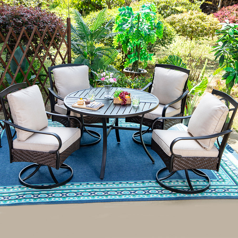 Sophia & William 5-Piece Thick-Cushion Swivel Chairs & Geometrically Stamped Round Table Outdoor Dining Set