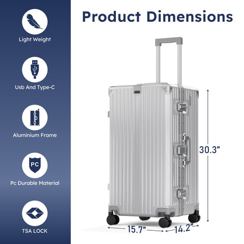 Thickened Aluminum Frame Trunk Luggage with TSA Lock USB Charging, 26/30 Inch