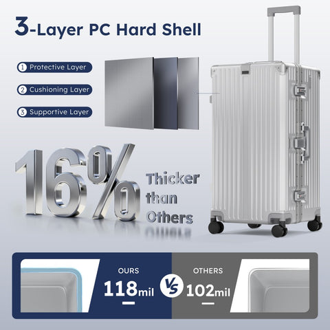 Thickened Aluminum Frame Trunk Luggage with TSA Lock USB Charging, 26/30 Inch
