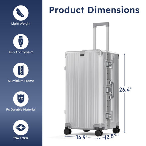 Thickened Aluminum Frame Trunk Luggage with TSA Lock USB Charging, 26/30 Inch