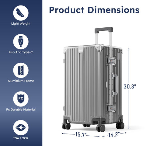 Thickened Aluminum Frame Trunk Luggage with TSA Lock USB Charging, 26/30 Inch