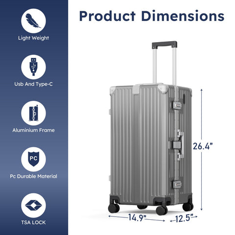Thickened Aluminum Frame Trunk Luggage with TSA Lock USB Charging, 26/30 Inch