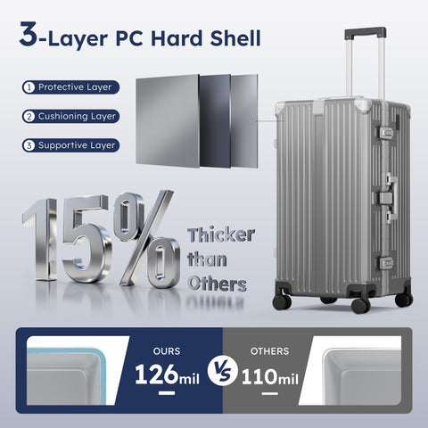 Thickened Aluminum Frame Trunk Luggage with TSA Lock USB Charging, 26/30 Inch