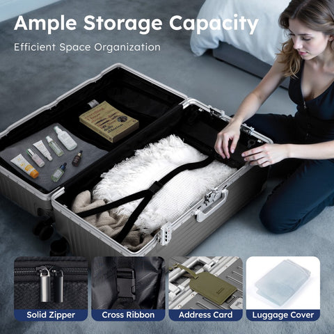 Thickened Aluminum Frame Trunk Luggage with TSA Lock USB Charging, 26/30 Inch