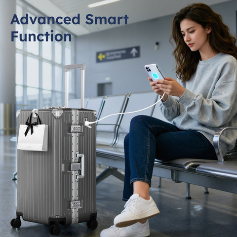 Thickened Aluminum Frame Trunk Luggage with TSA Lock USB Charging, 26/30 Inch