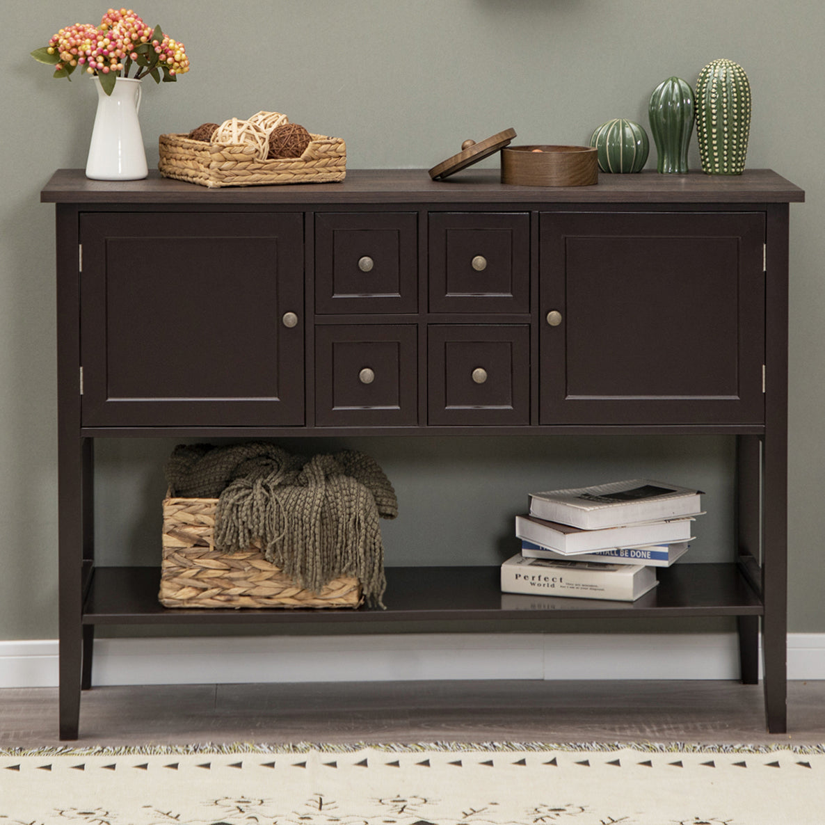 This console table offers an elegant design with abundant storage, featuring 4 drawers, 2 cabinets, a bottom shelf, and a spacious tabletop.