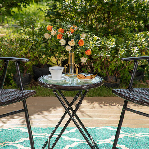 PHI VILLA Foldable Patio Rattan Table with Tempered Glass Table Top
