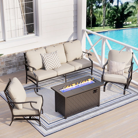 PHI VILLA 5-Seat Luxurious Patio Conversation Sets with Leather Grain Fire Pit Table
