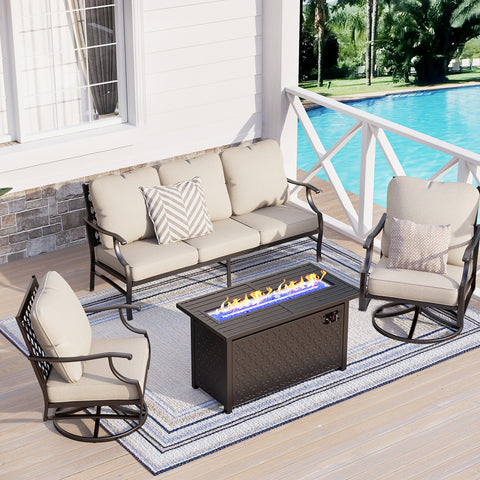 PHI VILLA 5-Seat Luxurious Patio Conversation Sets with Leather Grain Fire Pit Table