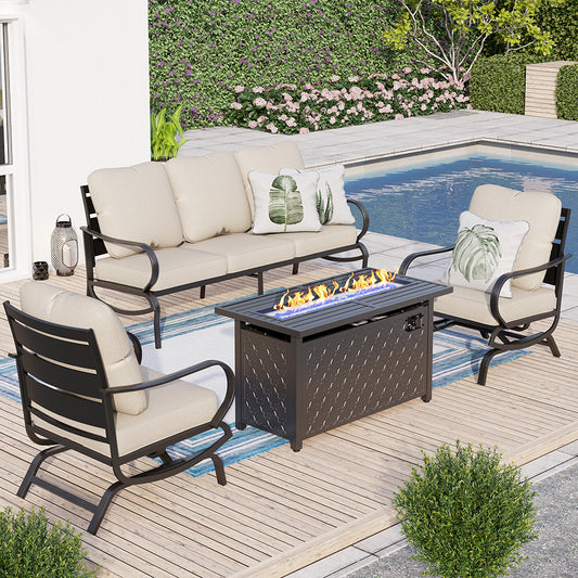 PHI VILLA 5-Seat Thick-cushion Classic Patio Sofa Sets with Leather Grain Fire Pit Table Motion Chairs