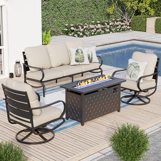 PHI VILLA 5-Seat Thick-cushion Classic Patio Sofa Sets with Leather Grain Fire Pit Table Swivel Chairs