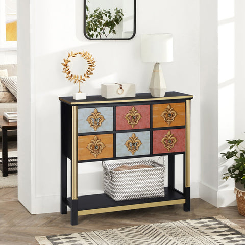 Find accent console table at AlphaMarts. Six drawers provide storage, while one shelf offers open display space. Use the piece behind a sofa, in a hallway, or as your TV console.