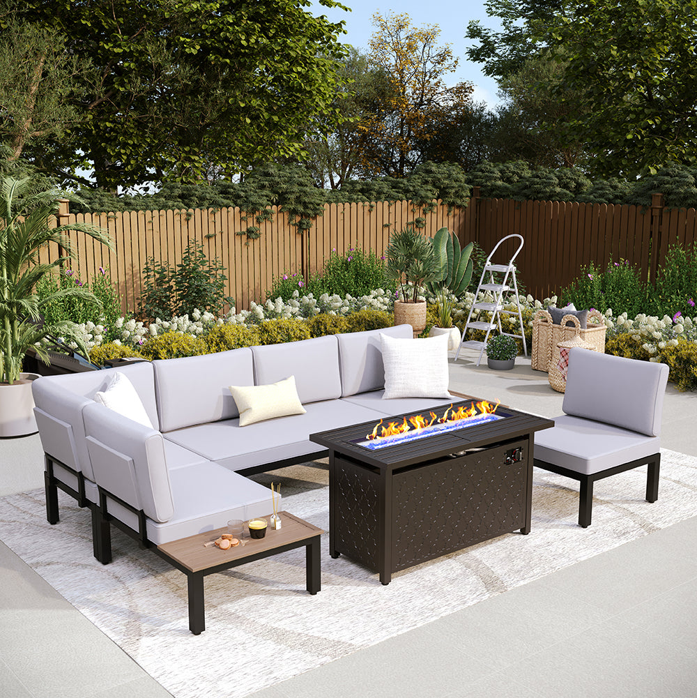 PHI VILLA 6-Seat Patio Sofa Set with Fire Pit Table