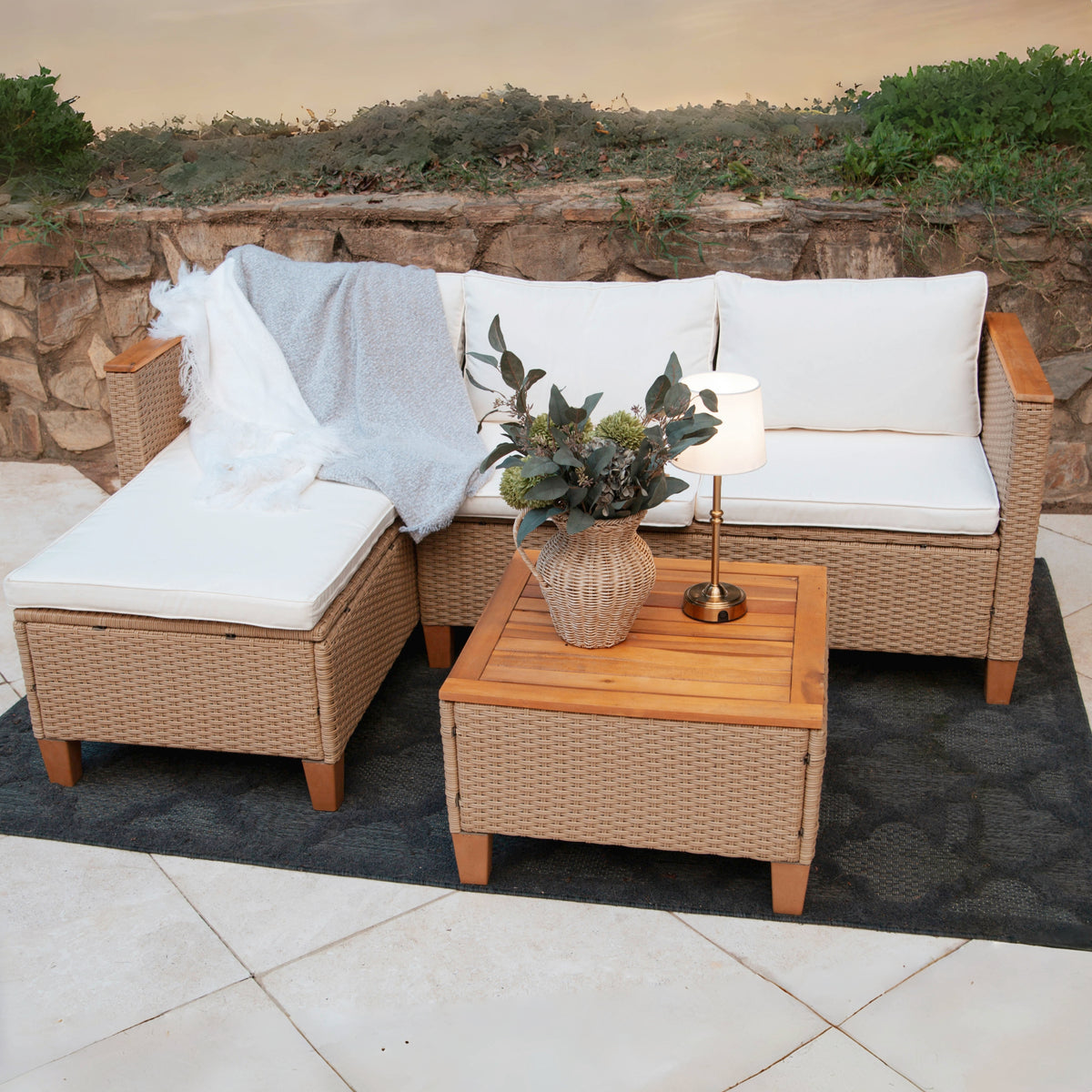 Outdoor Rattan Conversation Sofa Set with Acacia Wood Coffee Table - Sophia & William