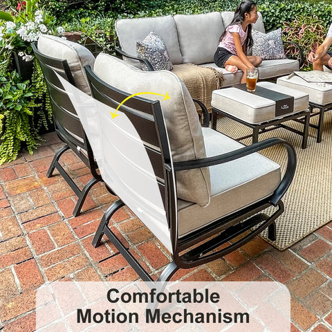 PHI VILLA 5-Seat Thick-cushion Classic Patio Conversation Sets with Wood-pattern Fire Pit Table