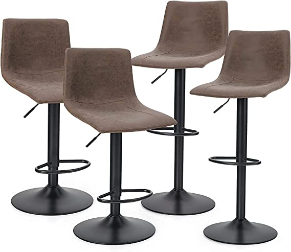 PHI VILLA Square Adjustable Height Leather and Metal Swivel Bar Stools