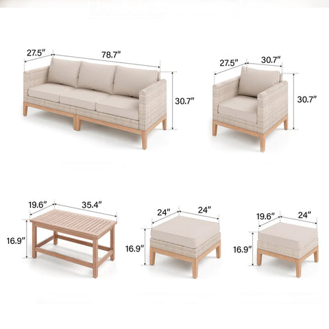 MFSTUDIO 5-Piece Wooden Country Sofa with Ottoman