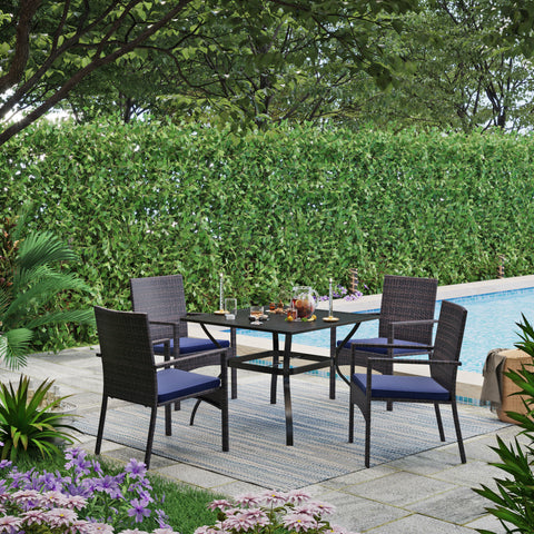 MFSTUDIO 5-Piece Steel Square Table & 4 Rattan Cushion Chairs Outdoor Patio Dining Set