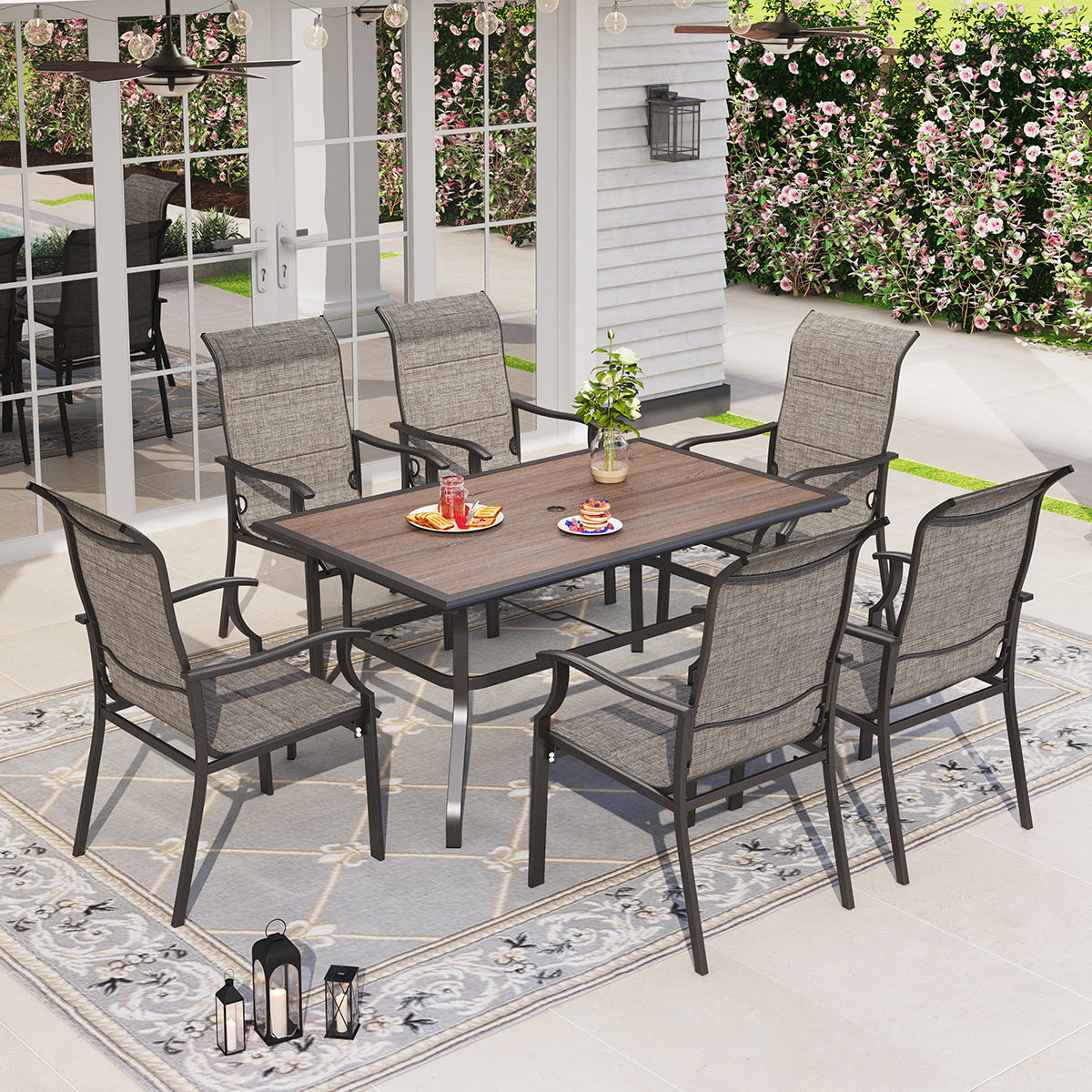 PHI VILLA Wood-look Rectangle Table & 6 Textilene Fixed Chairs 7-Piece Outdoor Dining Set
