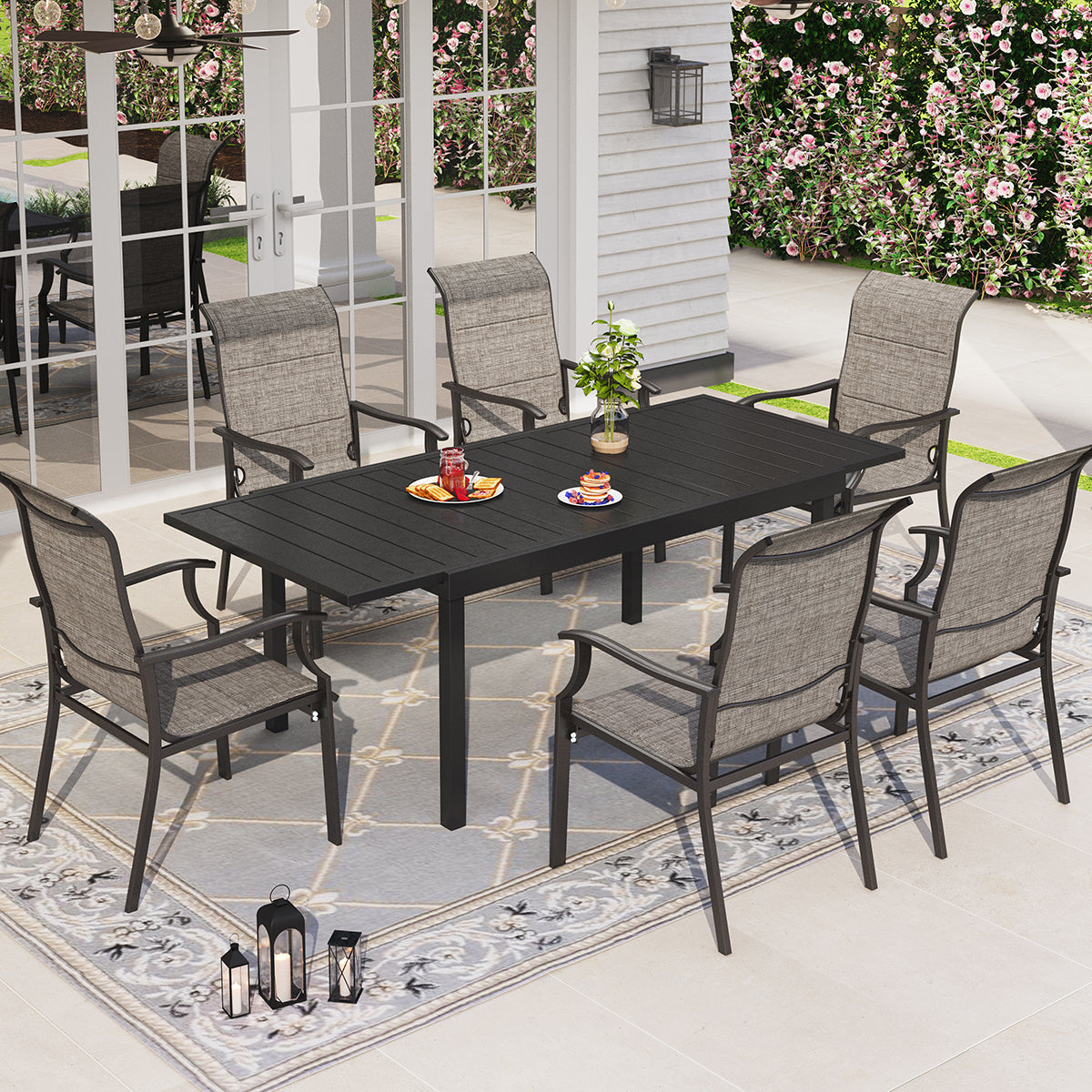 PHI VILLA Expandable Table Patio Dining Set with Highback Textilene Fixed Dining Chairs