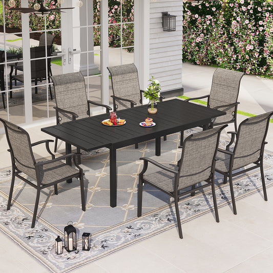 PHI VILLA Expandable Table Patio Dining Set with Highback Textilene Fixed Dining Chairs