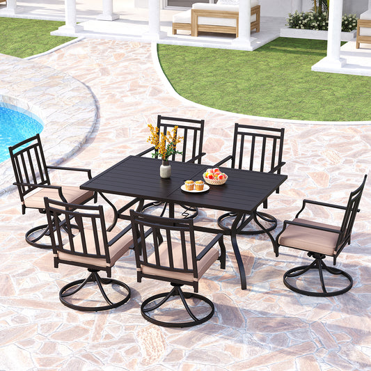 PHI VILLA Rectangle Steel Table and Swivel Chairs 7-Piece Patio Dining Sets