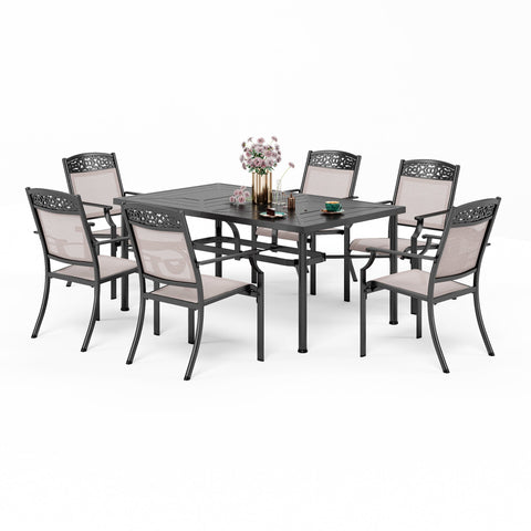 Sophia & William 7-Piece Geometrically Stamped Table & Cast Aluminum Pattern Fixed Textilene Dining Chairs Patio Dining Set