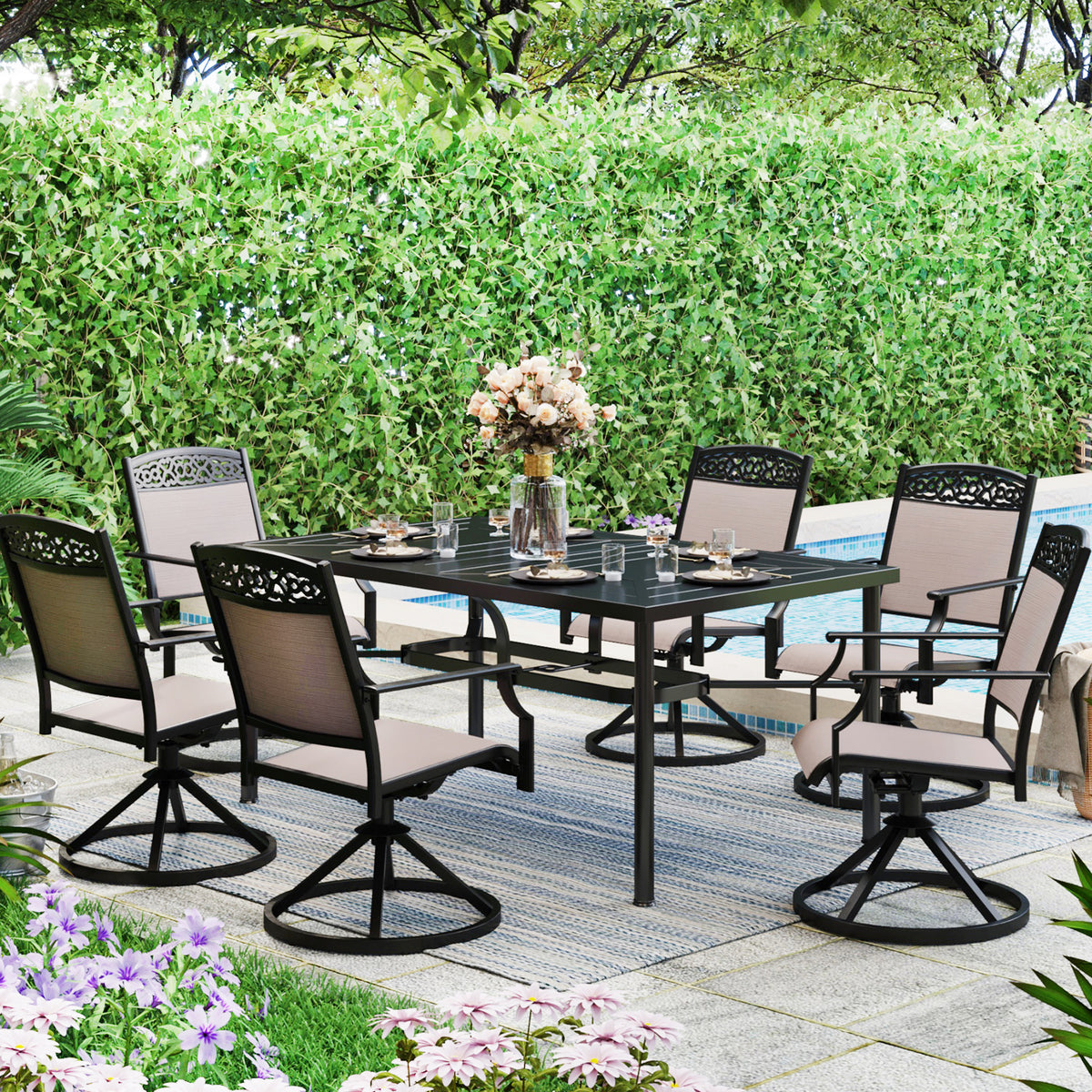 Sophia & William 7-Piece Patio Dining Set Geometrically Stamped Rectangle Table & Cast Aluminum Pattern Textilene Dining Chairs