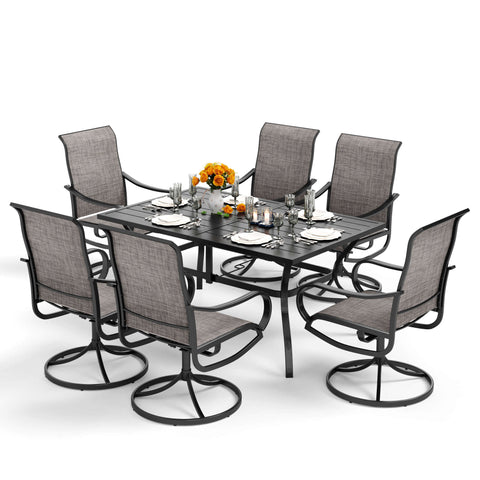 PHI VILLA Rectangle Table and 6 Textilene Swivel Chairs 7-Piece Steel Outdoor Dining Set
