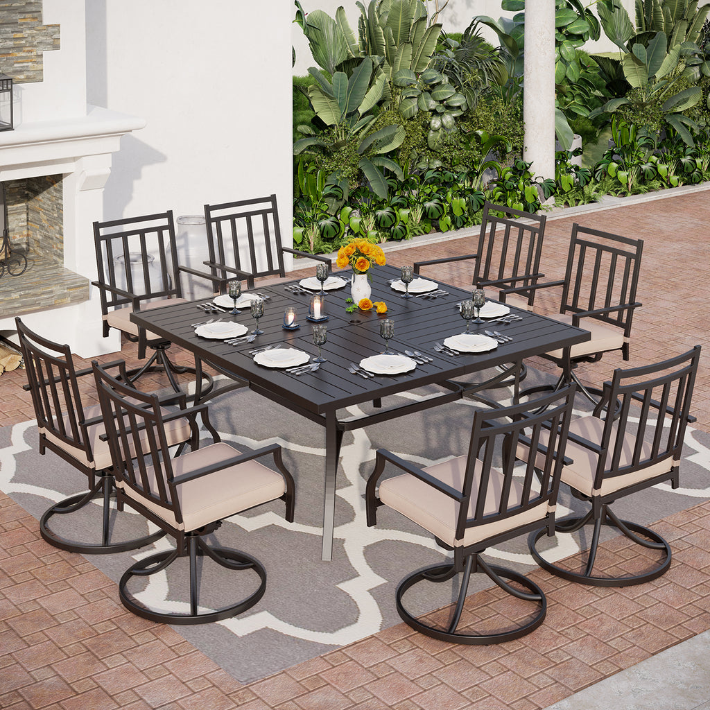 9Piece Extralarge Square Table & Pattern Swivel Chairs Patio Dining