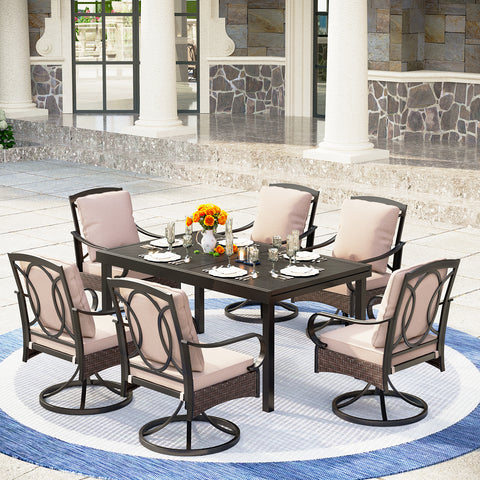 Sophia & William 7-Piece Patio Dining Set Embossed Extendable Table & Rattan-steel Swivel Chairs with Thick Cushions