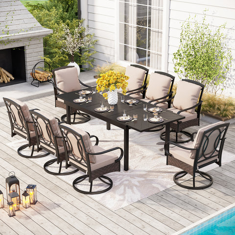 Sophia & William 9-Piece Patio Dining Set Embossed Extendable Table & Rattan-steel Swivel Chairs with Thick Cushions