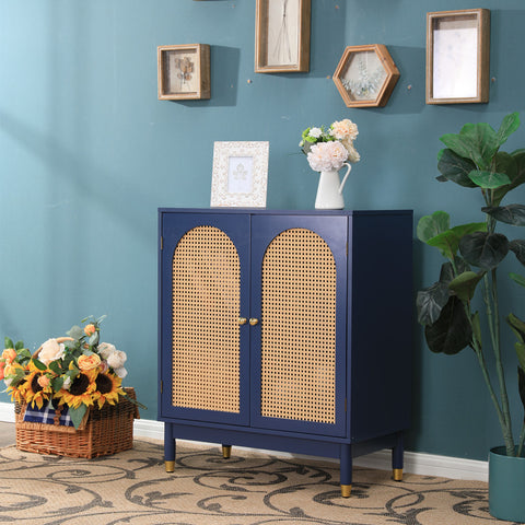 Blue Storage Cabinet with Rattan Doors and Adjustable Shelves