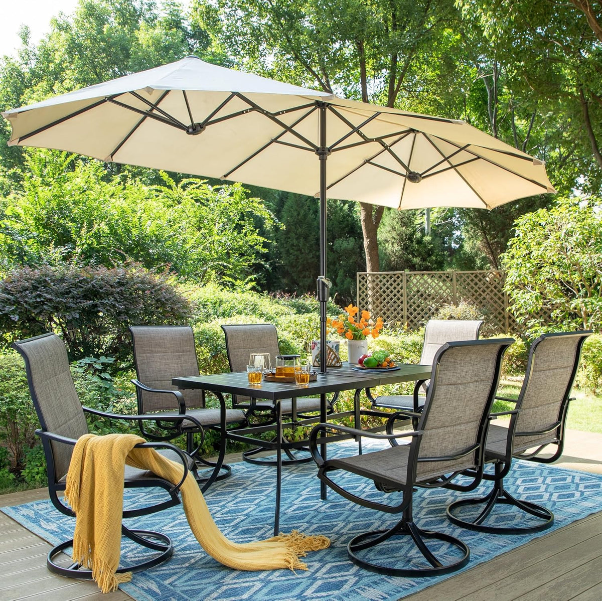 PHI VILLA 8-Piece 13ft Umbrella Patio Dining Set Textilene Swivel Chairs & Steel Table